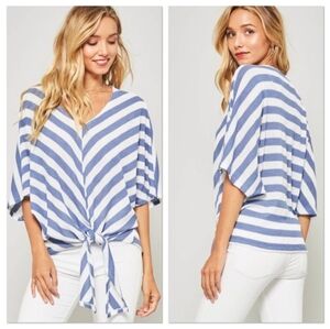 Waffle knit dolman sleeve striped top with tie front